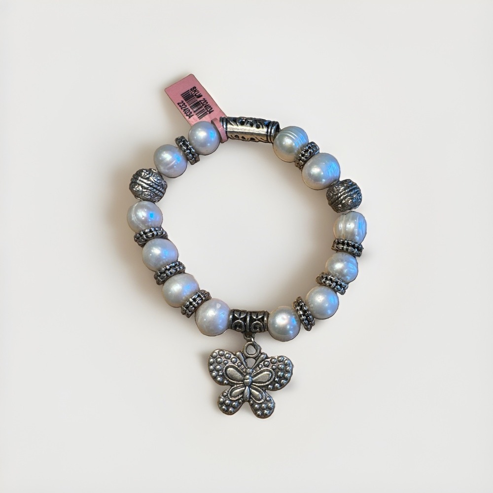 White Freshwater Pearl Stretch Bracelet Silver Tone Ornate Butterfly Charm New